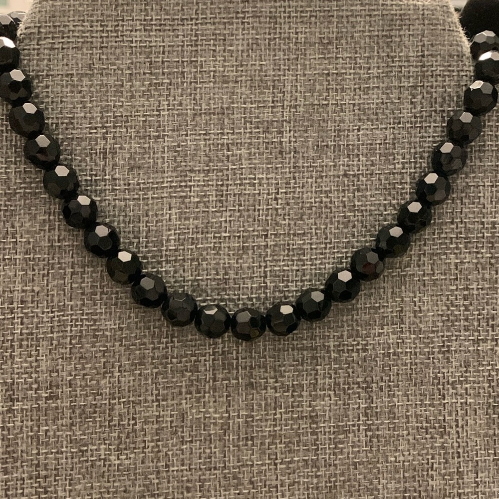 Vintage Black Faceted Glass Bead Necklace‎ 15”